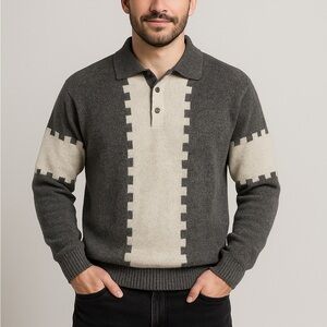 90s Protégé geometric intarsia sweater polo, gray/cream, made in USA,wool alpaca